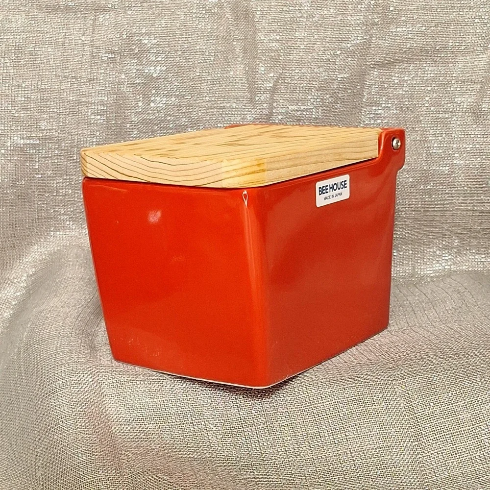 Zero Japan Red Ceramic Salt Box Cellar Wood Hinoki Lid Handle Kitchen Canister